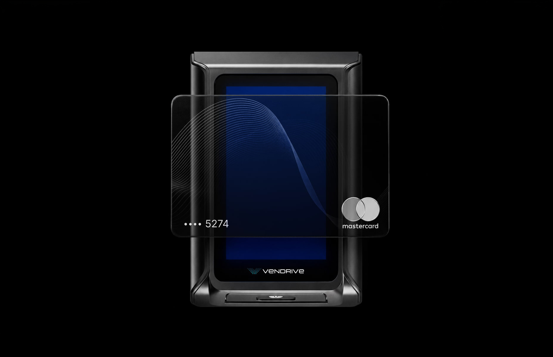 A digital Mastercard rendered as a glass overlay across the Vendrive Port P1 terminal.